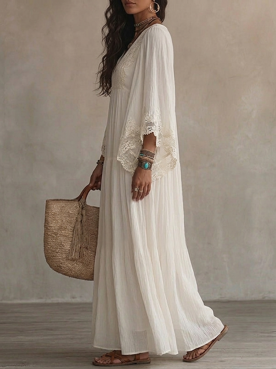 Adelaida | Vestido largo de gasa color marfil con mangas de murciélago y encaje blanco