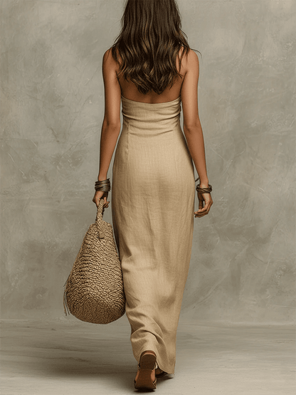 Nina | Vestido largo con cuello americano, de corte amplio, de algodón y lino