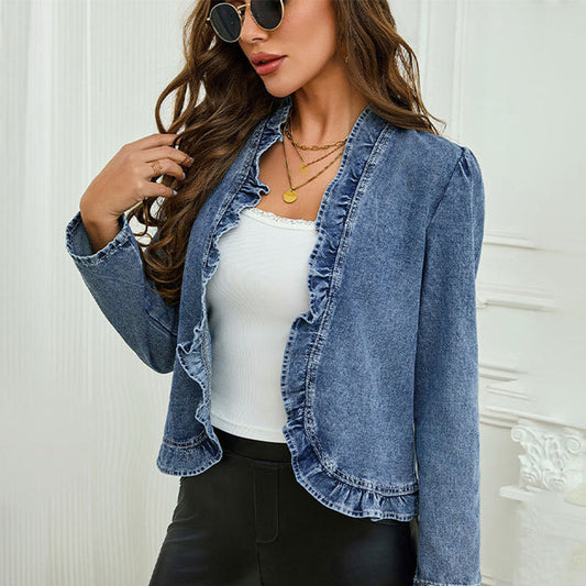 🧥 ¡50 % DE DESCUENTO! 🌸 Chaqueta vaquera de mujer con volantes y abertura frontal – Ligera y femenina – Versátil y elegante 👗