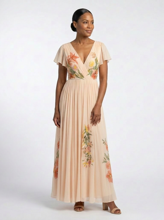 Calista | Vestido largo plisado de manga corta y cuello en V