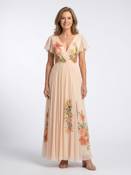 Calista | Vestido largo plisado de manga corta y cuello en V