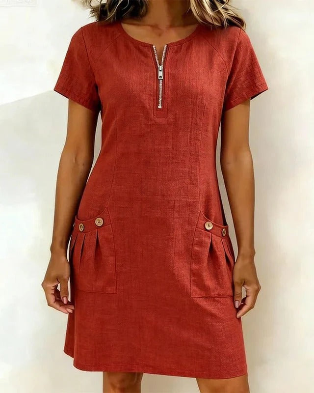 Maya | Vestido de corte A, manga corta, con bolsillo y cremallera