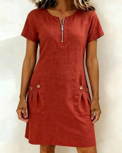 Maya | Vestido de corte A, manga corta, con bolsillo y cremallera