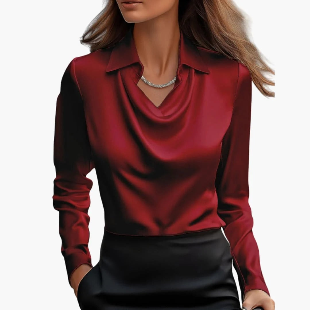 Blusa de satén para mujer con cuello drapeado y mangas largas.