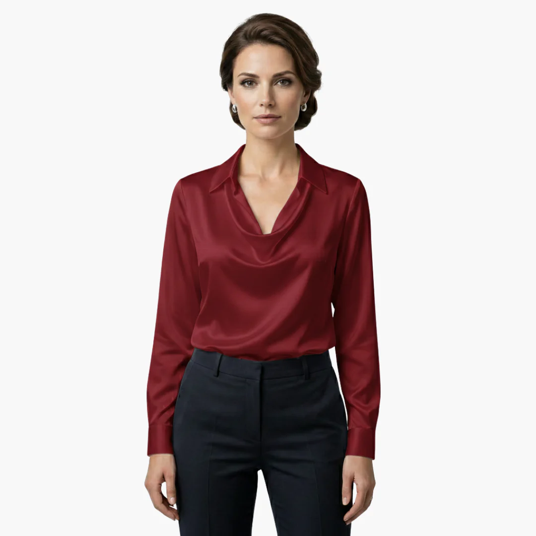 Blusa de satén para mujer con cuello drapeado y mangas largas.