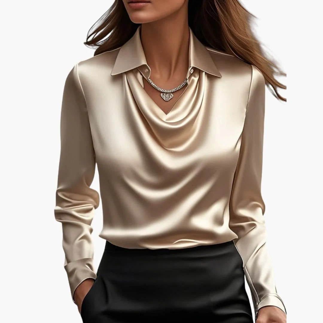 Blusa de satén para mujer con cuello drapeado y mangas largas.