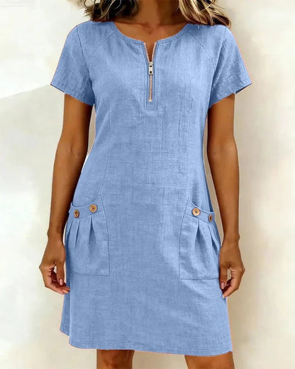 Maya | Vestido de corte A, manga corta, con bolsillo y cremallera