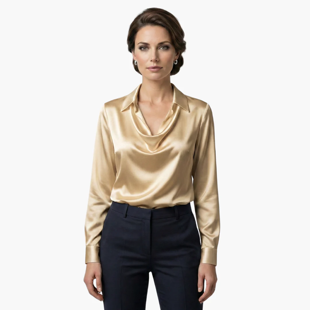 Blusa de satén para mujer con cuello drapeado y mangas largas.