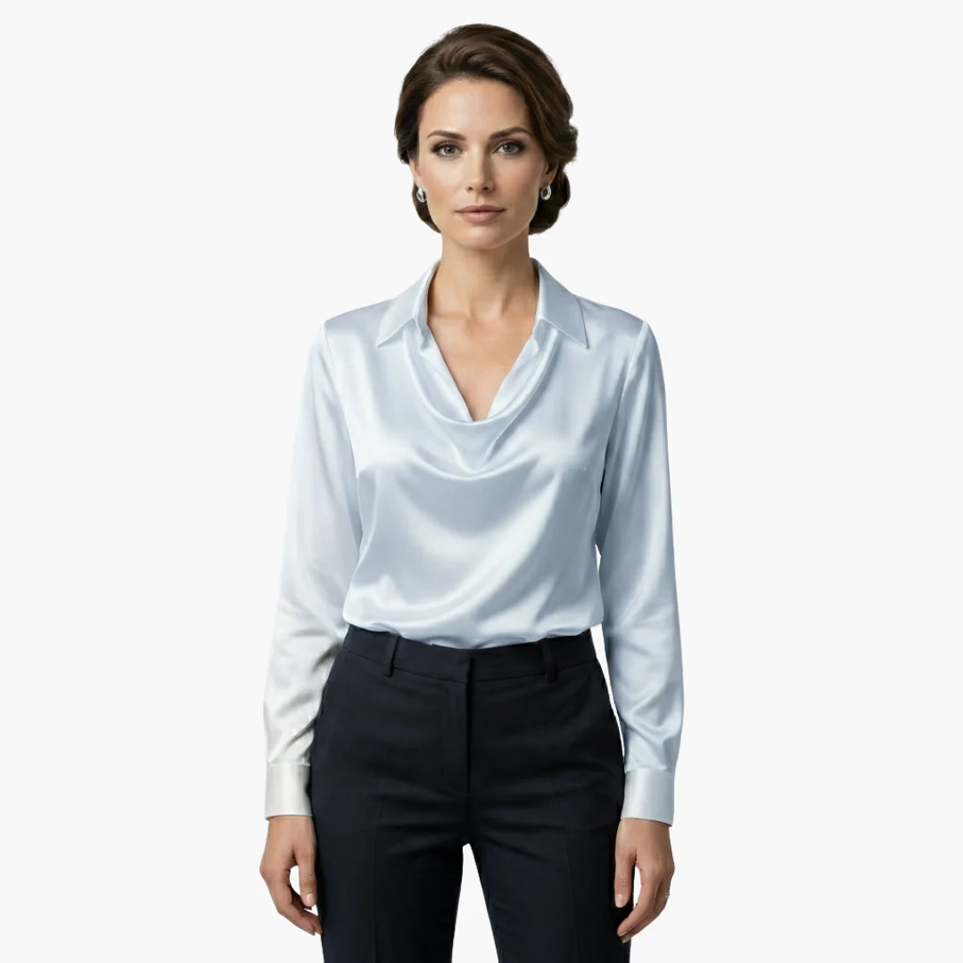 Blusa de satén para mujer con cuello drapeado y mangas largas.