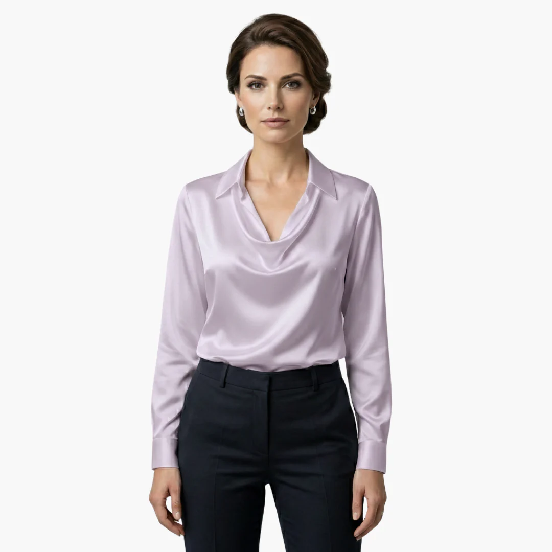 Blusa de satén para mujer con cuello drapeado y mangas largas.