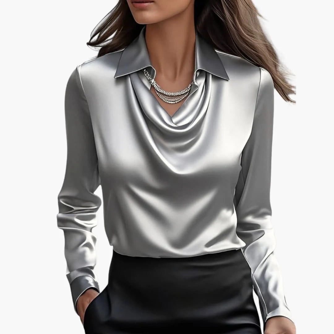 Blusa de satén para mujer con cuello drapeado y mangas largas.