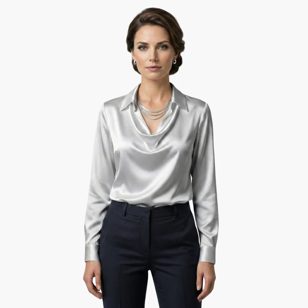 Blusa de satén para mujer con cuello drapeado y mangas largas.
