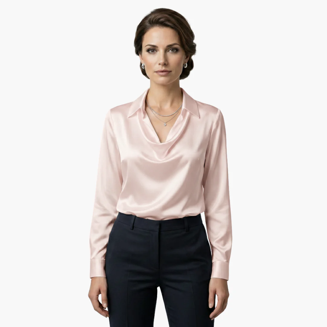 Blusa de satén para mujer con cuello drapeado y mangas largas.