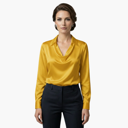 Blusa de satén para mujer con cuello drapeado y mangas largas.
