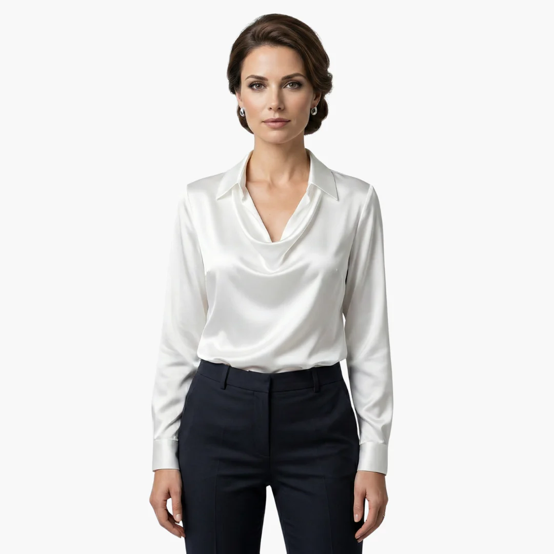 Blusa de satén para mujer con cuello drapeado y mangas largas.