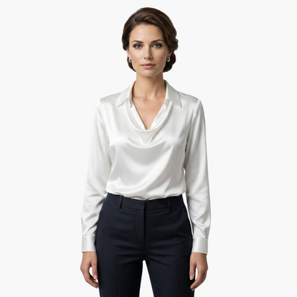 Blusa de satén para mujer con cuello drapeado y mangas largas.