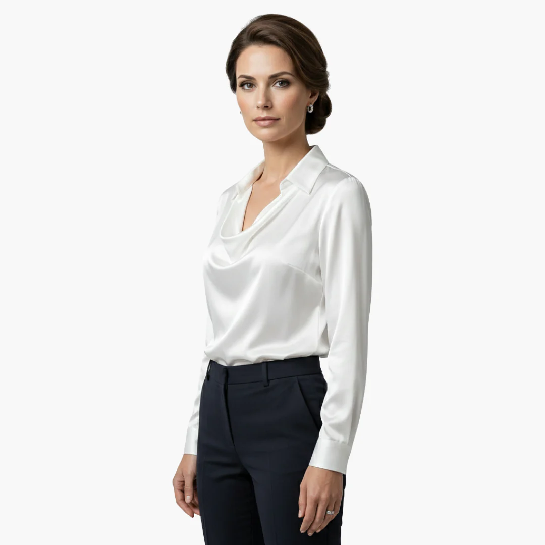 Blusa de satén para mujer con cuello drapeado y mangas largas.