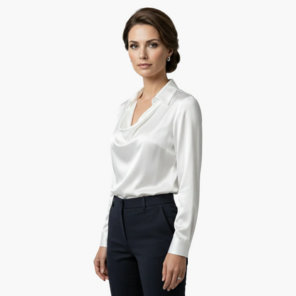 Blusa de satén para mujer con cuello drapeado y mangas largas.