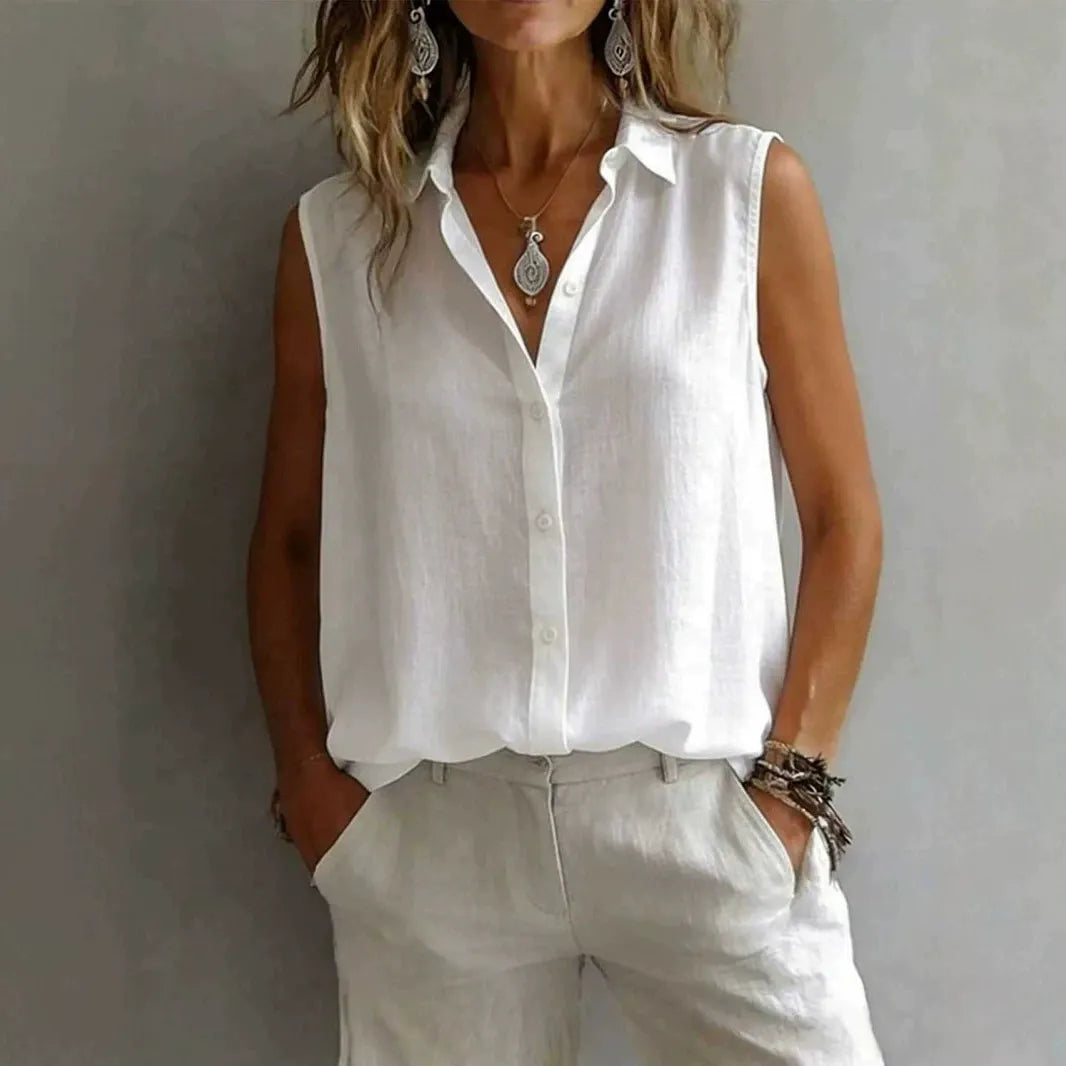 MARTA | Blusa Elegante sin Mangas con Cuello Camisero
