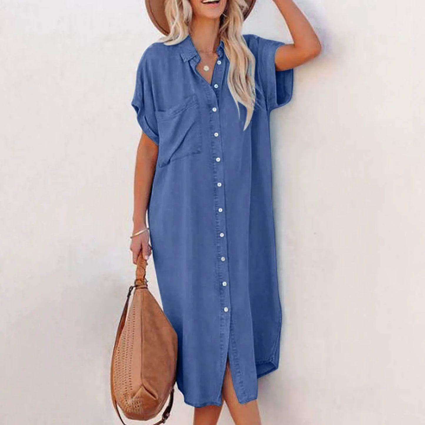 LOLI | Vestido Camisero Largo Denim de Manga Corta
