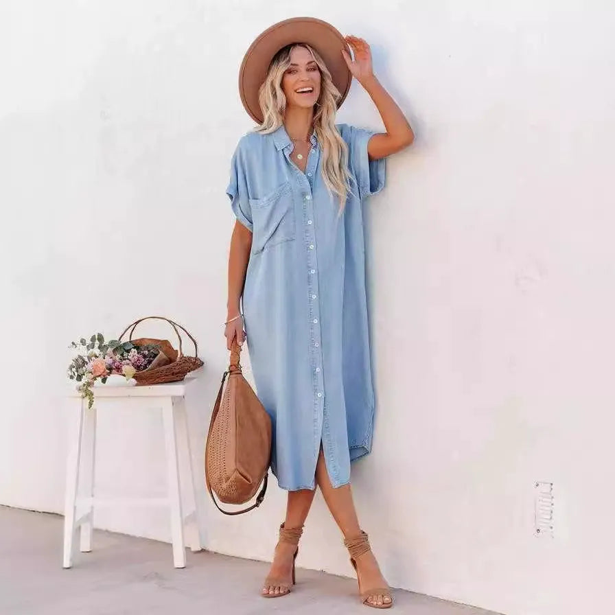 LOLI | Vestido Camisero Largo Denim de Manga Corta