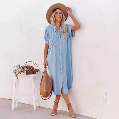 LOLI | Vestido Camisero Largo Denim de Manga Corta