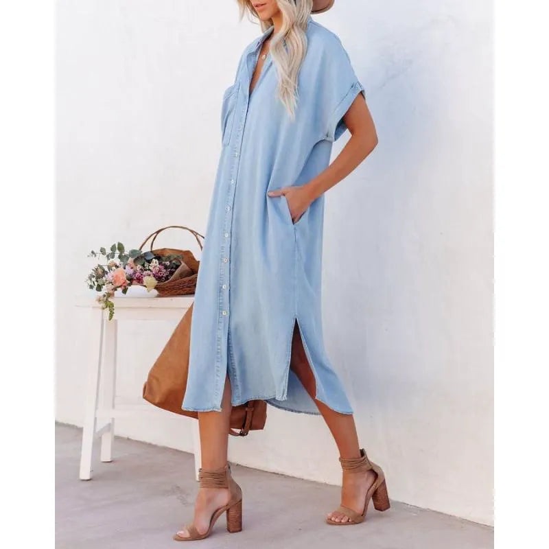 LOLI | Vestido Camisero Largo Denim de Manga Corta
