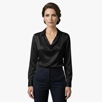 Blusa de satén para mujer con cuello drapeado y mangas largas.