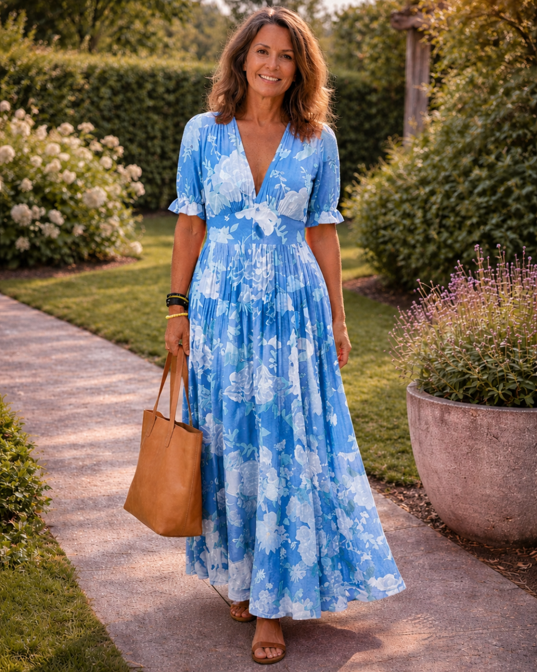 Ione | Vestido midi sin mangas con escote en V y estampado floral