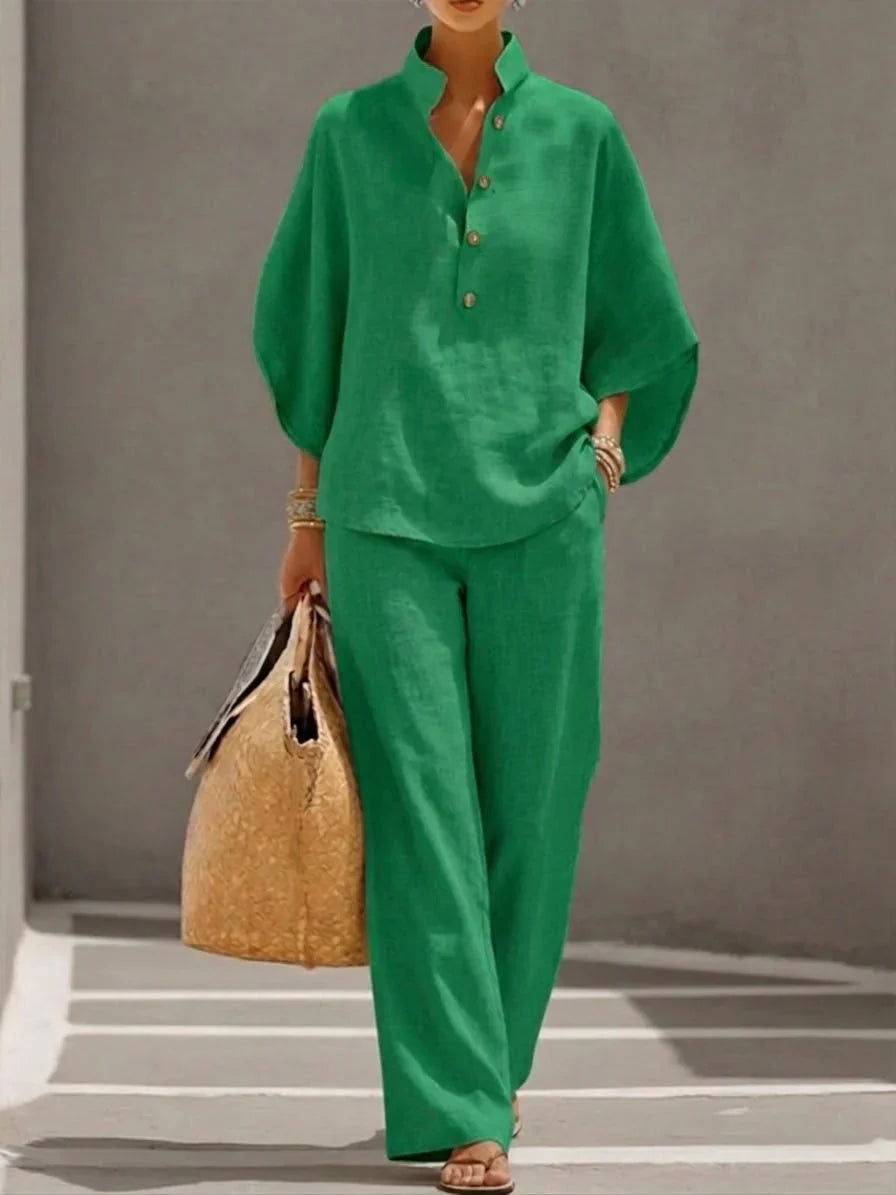 Maribel | Conjunto de lino con mangas murciélago y pantalón ancho