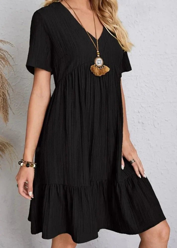 Jana | Vestido mini con cuello en V, efecto deshilachado y capas
