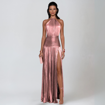 Aurora | Vestido Largo Satinado Con Escote Halter y Abertura Elegante