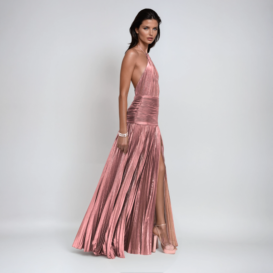 Aurora | Vestido Largo Satinado Con Escote Halter y Abertura Elegante