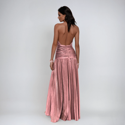 Aurora | Vestido Largo Satinado Con Escote Halter y Abertura Elegante